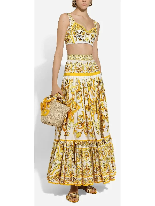 Majolica Printed Cotton Poplin Long Skirt in Yellow and White linen skirt relaxed