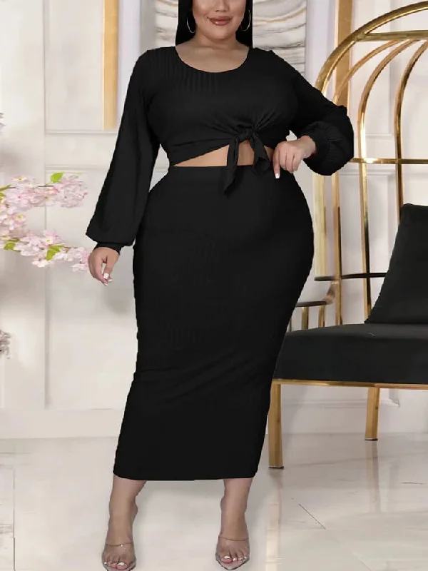 Plus Size Two Piece Ribbed Skirt Suits velvet skirt rich