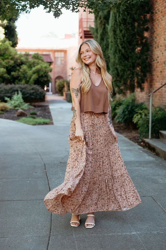 Rustic Floral Tiered Maxi Skirt W/ Tie Waist athletic skirt fit