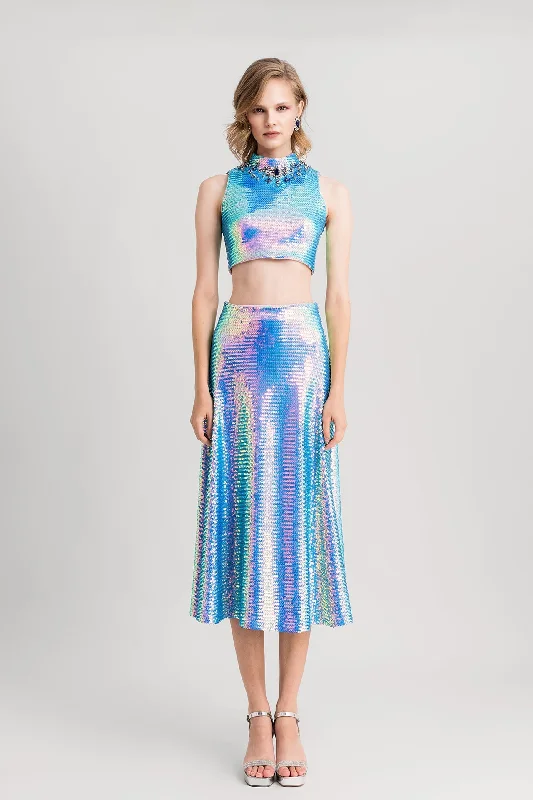 Sequined top with flared skirt chiffon skirt flowing