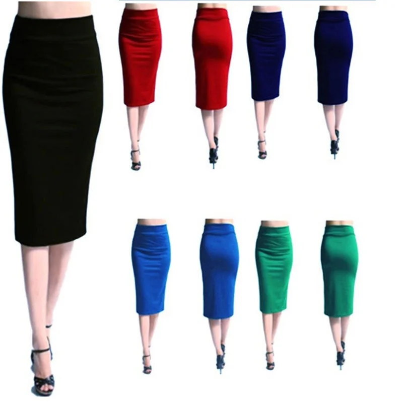 Stretch Slim Knitted Skirts Womens High Elastic Package Hip Mid-Calf Solid Pencil Skirt Lady Rib Acrylic Maxi Skirts denim skirt durable