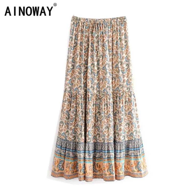 Summer Vintage Chic Women Hippie Beach Bohemian   Floral Print Skirt High Elastic Waist Maxi  A-Line Boho Skirts Femme denim skirt durable