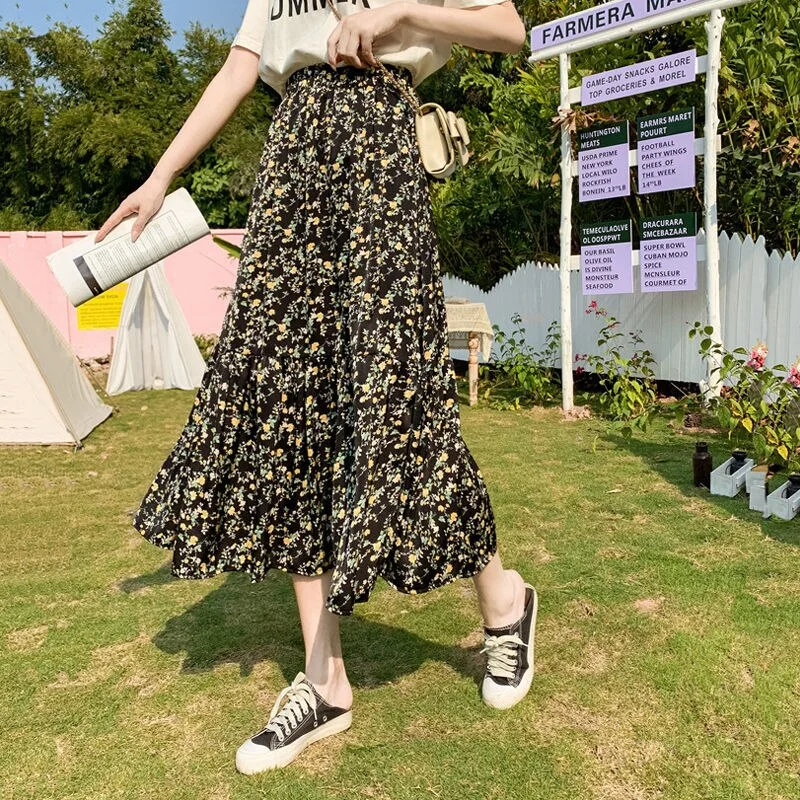 Women 2023 Summer Vintage Floral Printed Chiffon A-Line Skirt Female Elastic High Waist Casual Maxi Skirts Jupe Femme N01 cashmere skirt soft