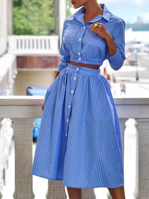 Women's Sets Long Sleeve Striped Shirt & Skirt Two-Piece Set belted skirt waist