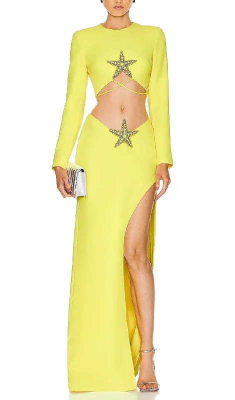 YELLOW BEADED STARFISH DIAMOND LONG SLEEVE HIGH WAISTED SPLIT SKIRT chiffon skirt lightweight