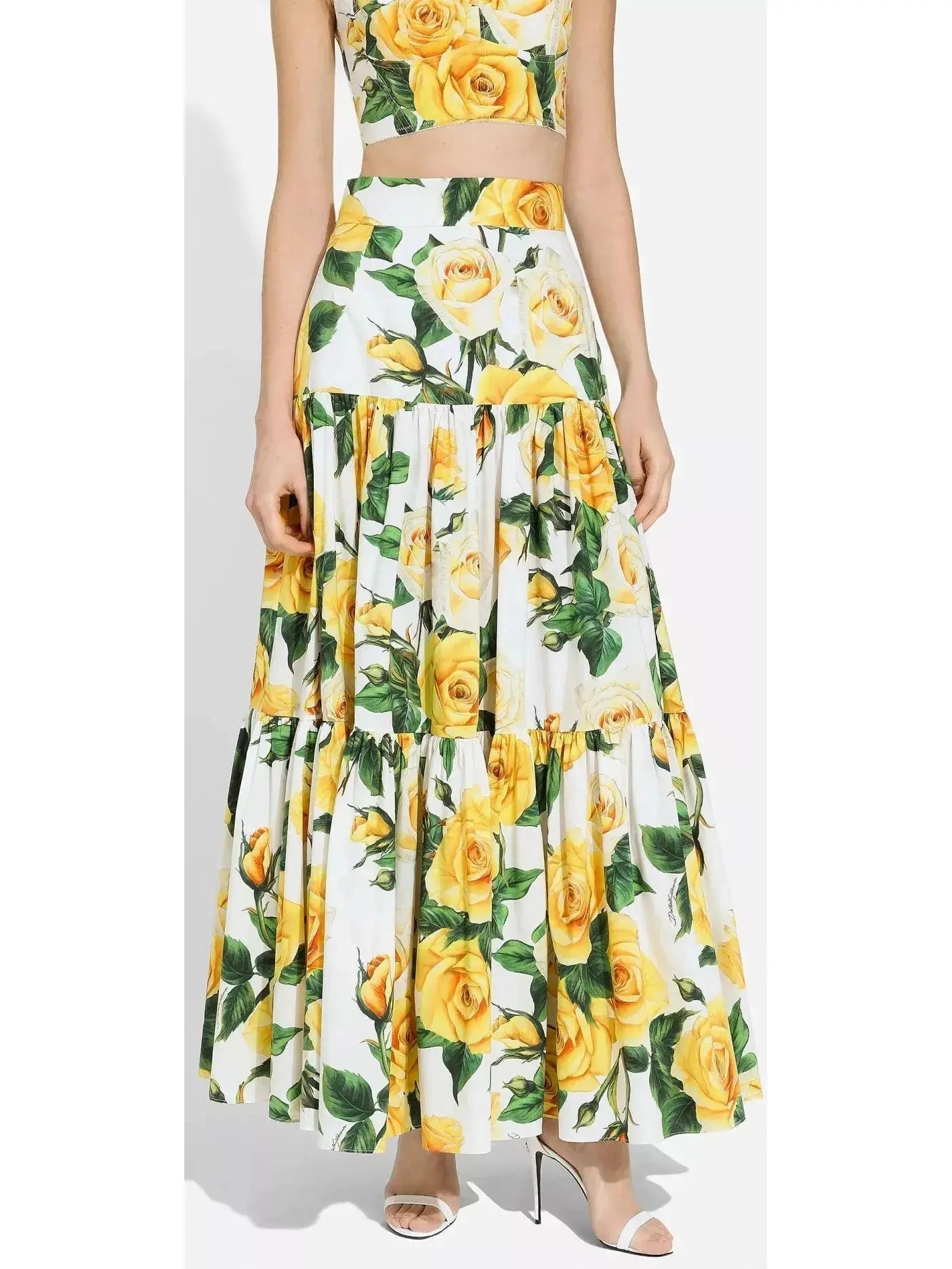 Yellow Rose Print Long Ruffled Skirt chiffon skirt floaty