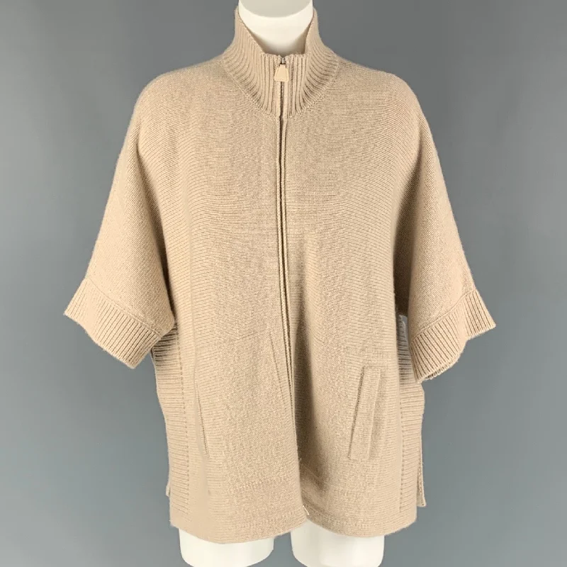 AKRIS Size 8 Oatmeal Textured 3/4 Sleeves Sweater Satin Blend Silk Blend Wool Blend