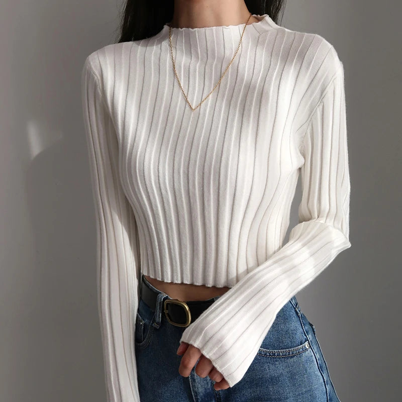 American Retro Stand Collar Solid Color Simple Slim Fit Fashion Short Knitted Long-sleeved Sweater Chenille Blend Fleece Blend Nylon Blend