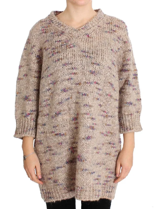 Beige Oversized V-Neck Knitted Sweater Transparent Opaque Sheer
