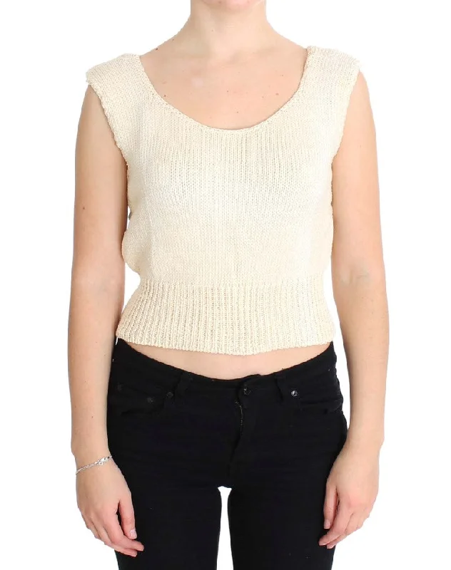 Beige Sleeveless Knit Vest Sweater Elegant Classic Vintage