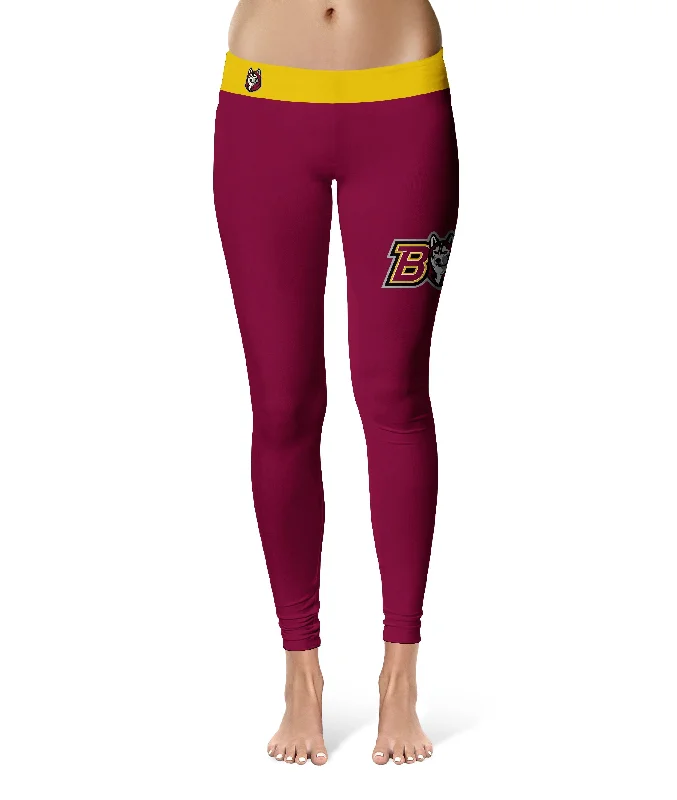 Bloomsburg University Huskies Game Day Logo on Thigh Maroon Yoga Leggings for Women by Vive La Fete Trendy Mesh Leggings