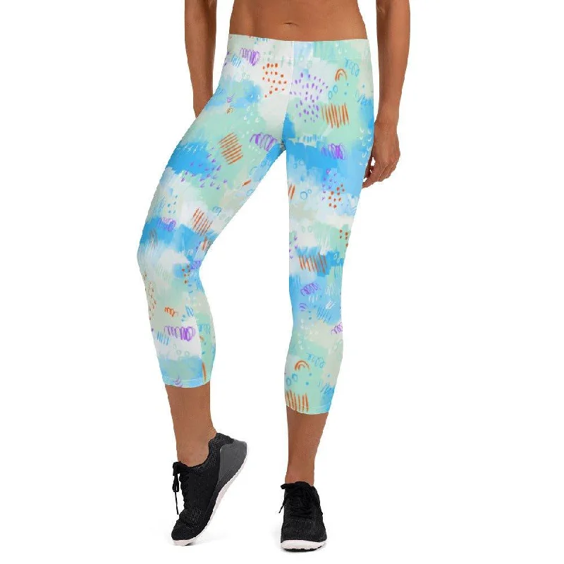 Blue Abstract Women's Capri Leggings Elegant Casual Fit Leggings