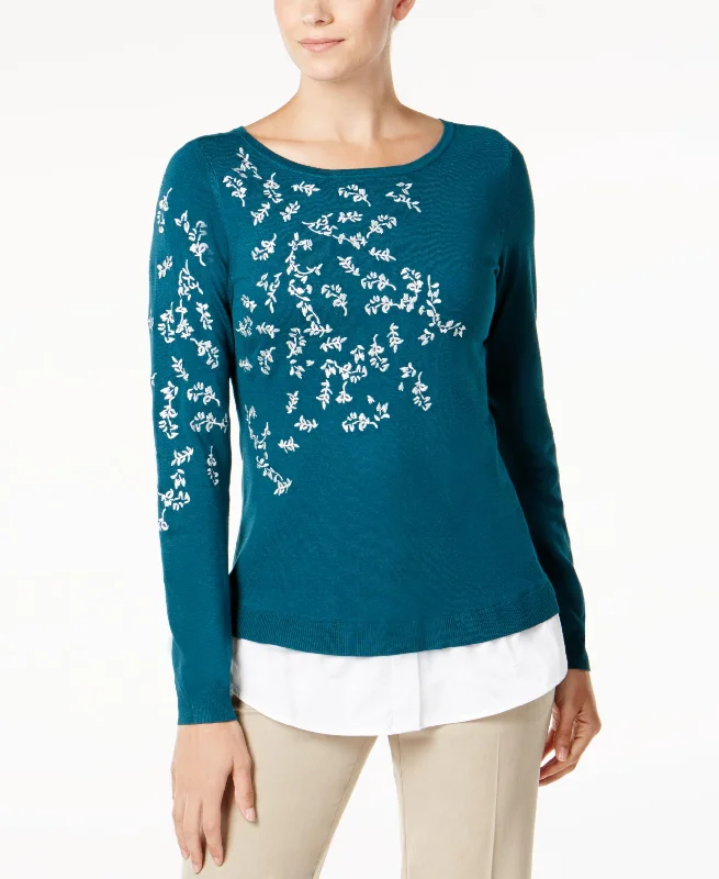 Charter Club Layered Look Embroidered Sweater Spandex Rayon Corduroy