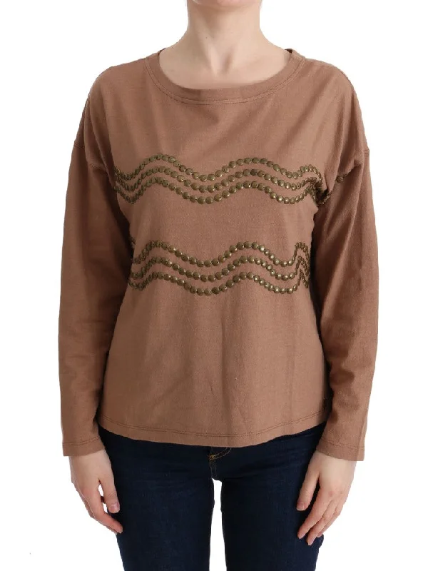 Chic Brown Crewneck Cotton Sweater Houndstooth Herringbone Solid