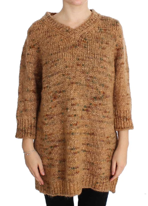 Chic Brown Oversize Knitted V-Neck Sweater Spandex Blend Rayon Blend Denim Blend