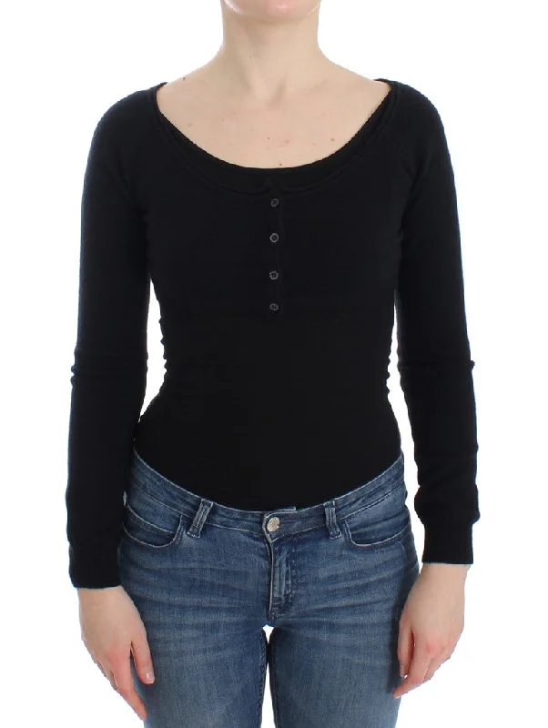 Chic Cropped Black Wool-Cashmere Sweater Handmade Hand-knitted Hand-woven
