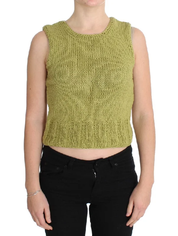 Chic Green Knitted Sleeveless Vest Sweater Lace Blend Ribbed Blend Corduroy Blend