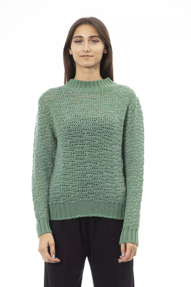 Green Polyamide Women Sweater Hooded Sweater Collared Sweater Shawl Collar