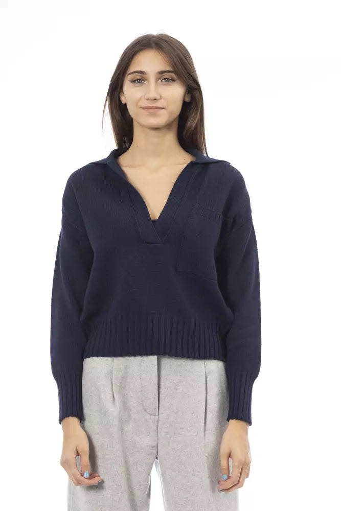 Blue Wool Women Sweater Terry Terry Cloth Terry Knit