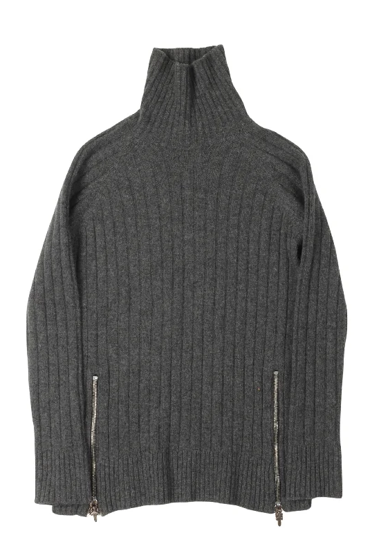 Cross Patch Zipper Detail Turtleneck Cashmere Sweater Spandex Blend Rayon Blend Denim Blend