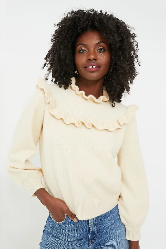 Cream Ruffle Ramona Sweater Front Pockets Side Pockets Patch Pockets