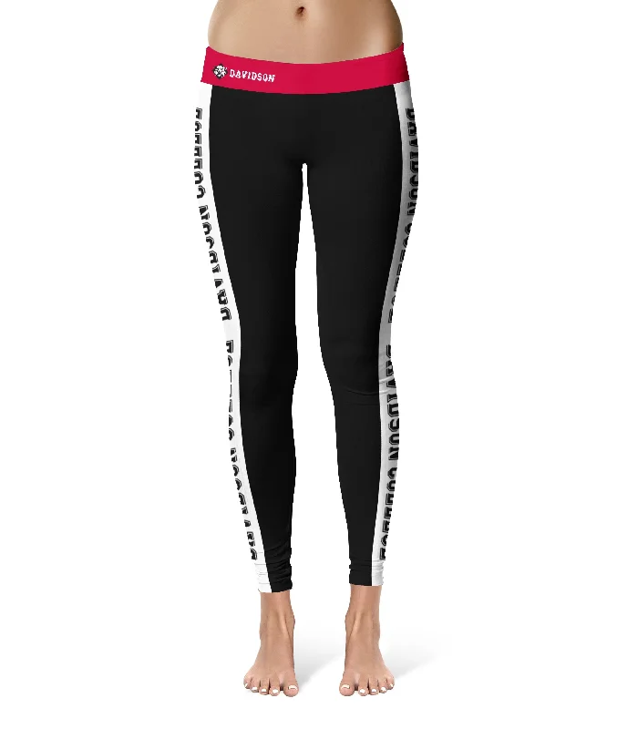 Davidson College Wildcats Game Day White Stripes Black Yoga Leggings for Women by Vive La Fete Stylish Yoga Leggings