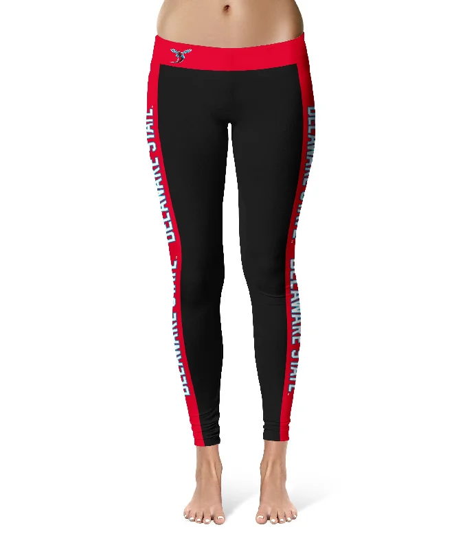 Delaware State Hornets Game Day Red Stripes Black Yoga Leggings for Women by Vive La Fete Comfortable Running Leggings