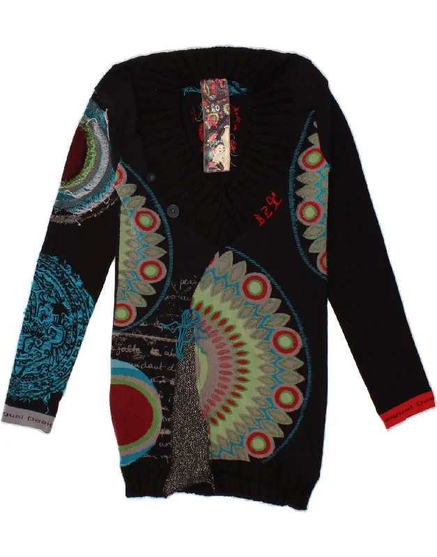 DESIGUAL Womens Graphic Longline V-Neck Jumper Sweater UK 14 Large Black Striped Floral Plaid