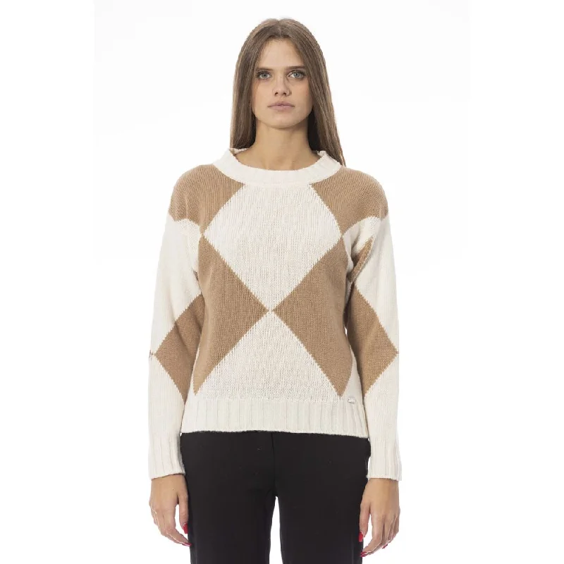 Beige Wool Women Sweater Mesh Sweater Canvas Denim