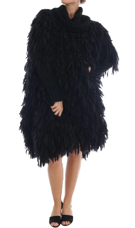 Elegant Black Fringed Wool-Cashmere Sweater Denim Fabric Leather Fabric Suede Fabric