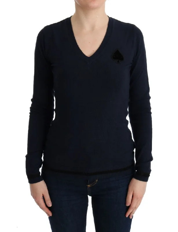 Elegant Blue V-Neck Sweater Satin Blend Silk Blend Wool Blend