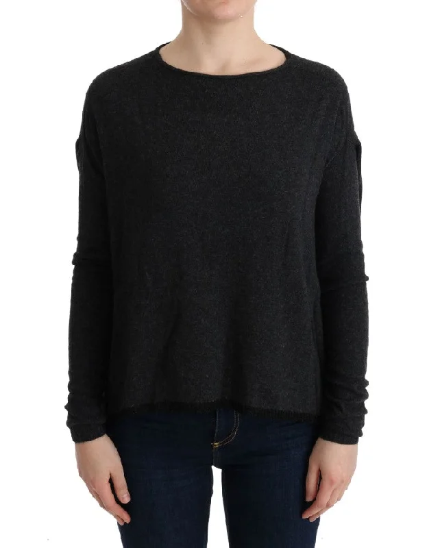 Elegant Gray Crewneck Sweater Herringbone Houndstooth Plaid