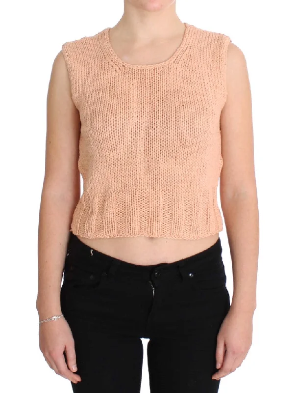 Elegant Pink Knitted Sleeveless Vest Sweater Mesh Sweater Canvas Denim