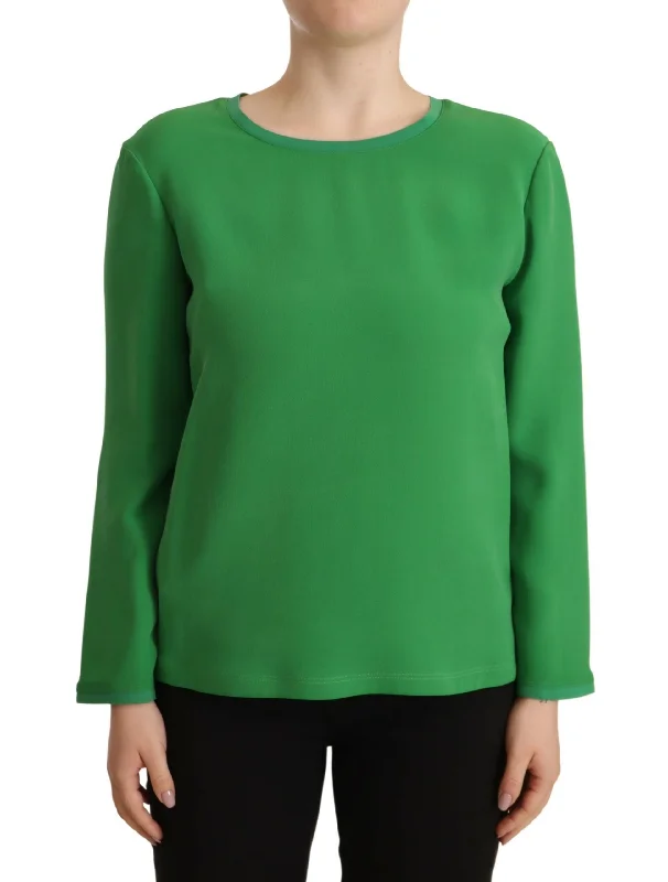 Elegant Silk Long Sleeve Sweater in Lush Green Print Jacquard Patchwork