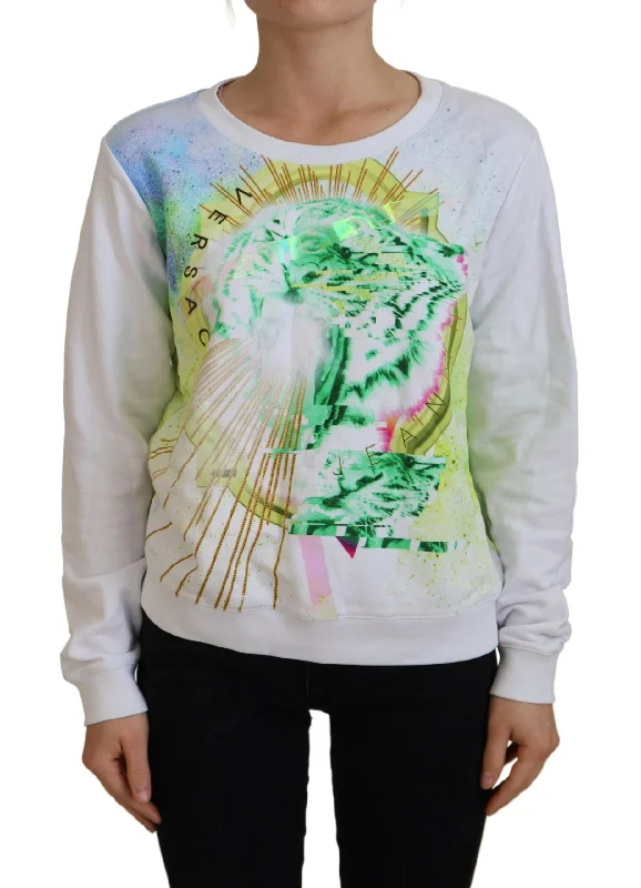 Elegant White Graphic Crew Neck Sweater Wool Fabric Cashmere Fabric Tweed Fabric
