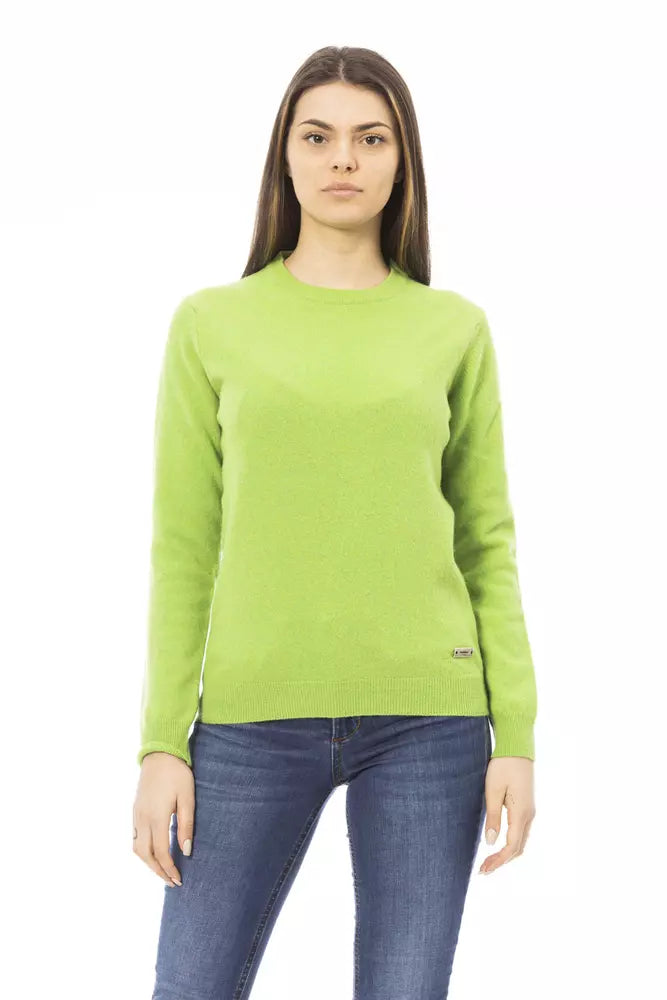 Green Wool Women Sweater Striped Floral Plaid