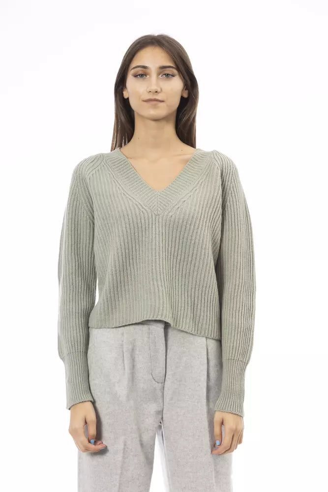 Green Wool Women Sweater Chenille Brocade Lace