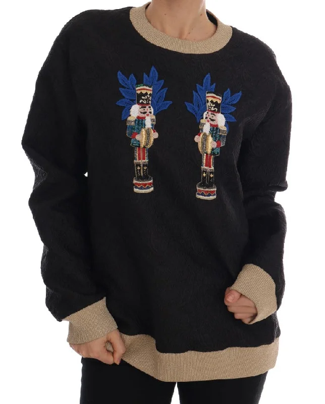 Enchanted Sequined Black Brocade Sweater Solid Print Embellished