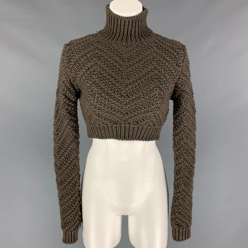 FENDI Size 2 Taupe Knitted Wool Cropped Turtleneck Sweater Fitted Slim Tailored