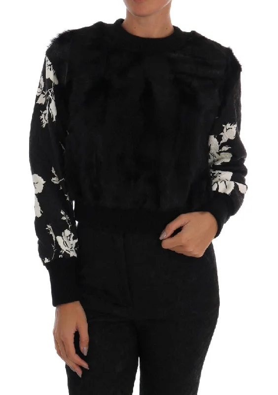 Floral Brocade Black Fur Sweater Zippered Buttoned Snapped