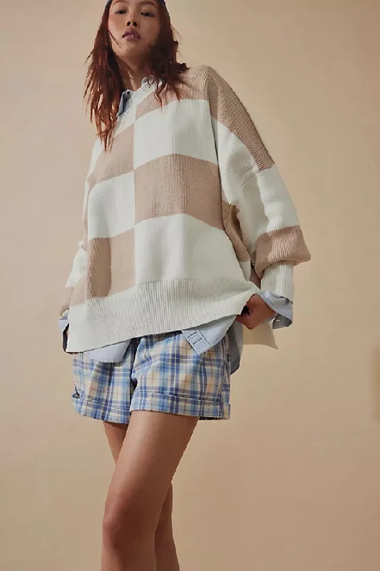 Free People Easy Street Checkered Tunic Sweater - WHITE SAND COMBO Slim Fit Regular Fit Oversized