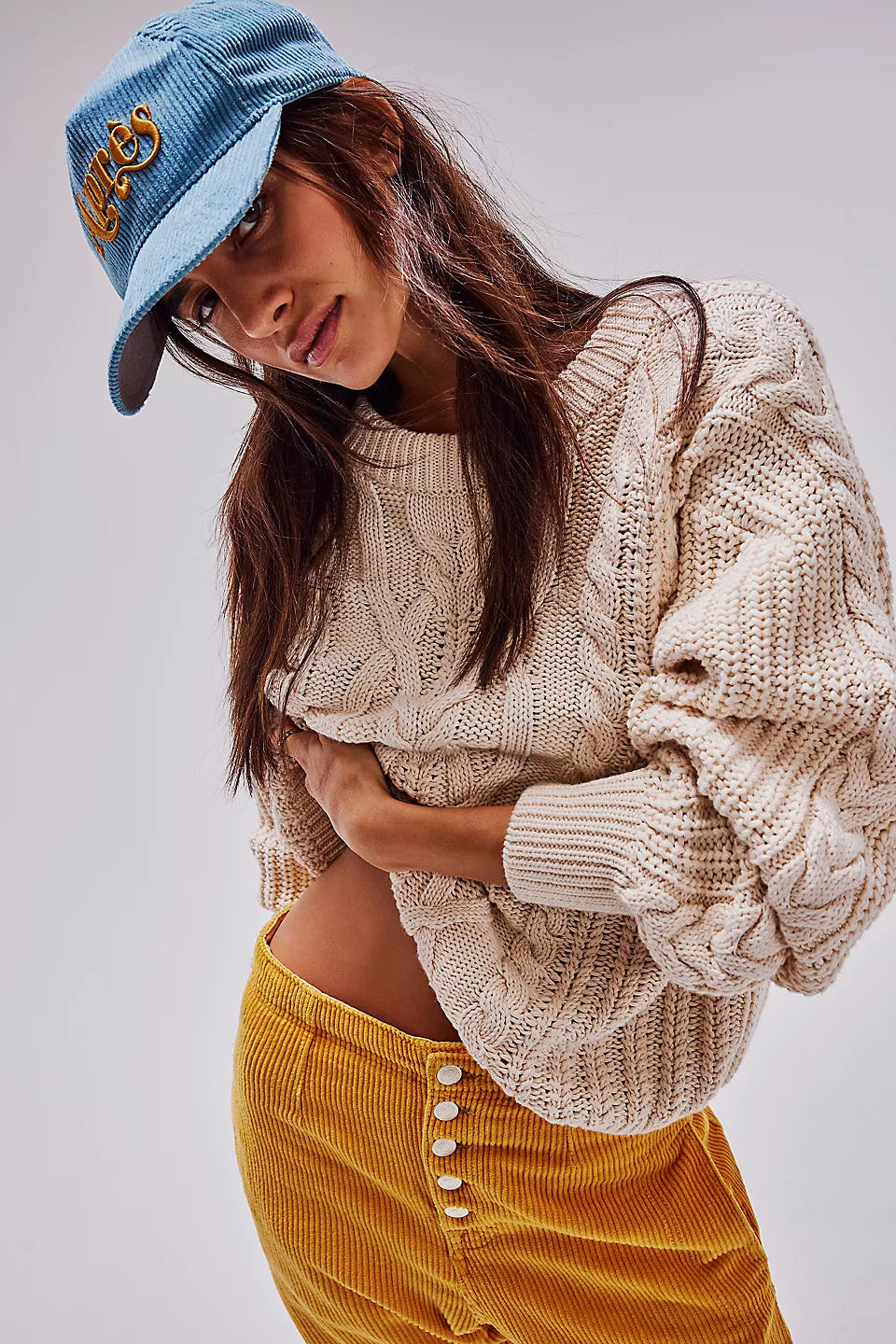 Free People FRANKIE CABLE SWEATER - IVORY Zippered Buttoned Snapped