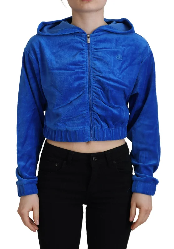 Glam Hooded Zip Cropped Sweater in Blue Rayon Fabric Velvet Fabric Corduroy Fabric