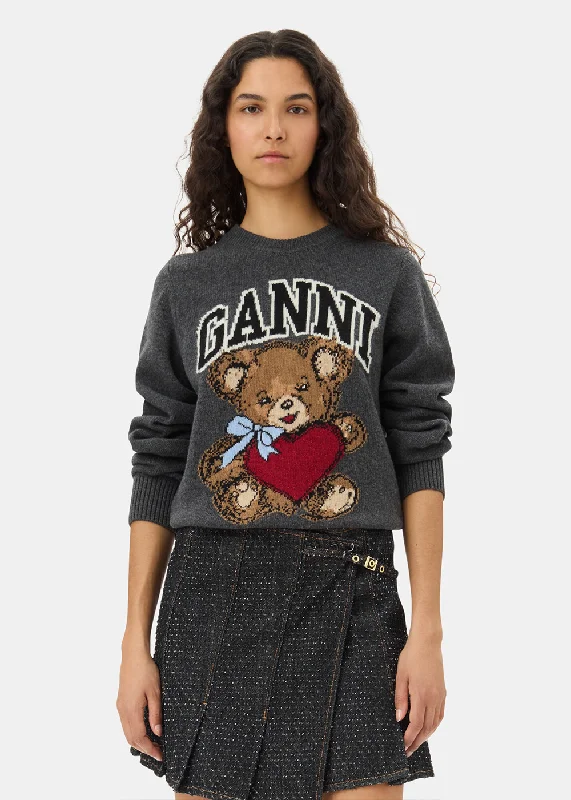 Graphic Wool Mix Bear Crewneck Sweater Faux Fur Fabric Real Fur Fabric Shearling Fabric