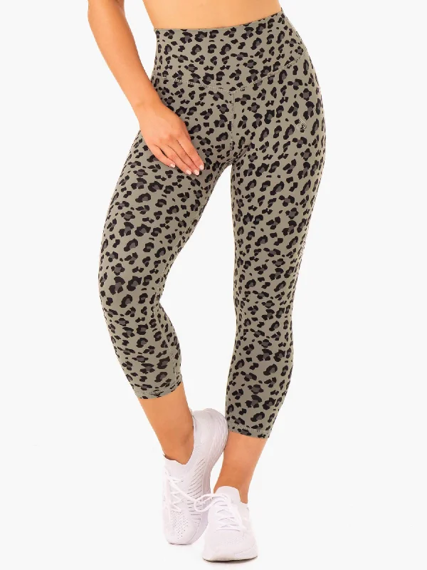 Hybrid 7/8 Leggings - Khaki Leopard Elegant Satin Finish Leggings