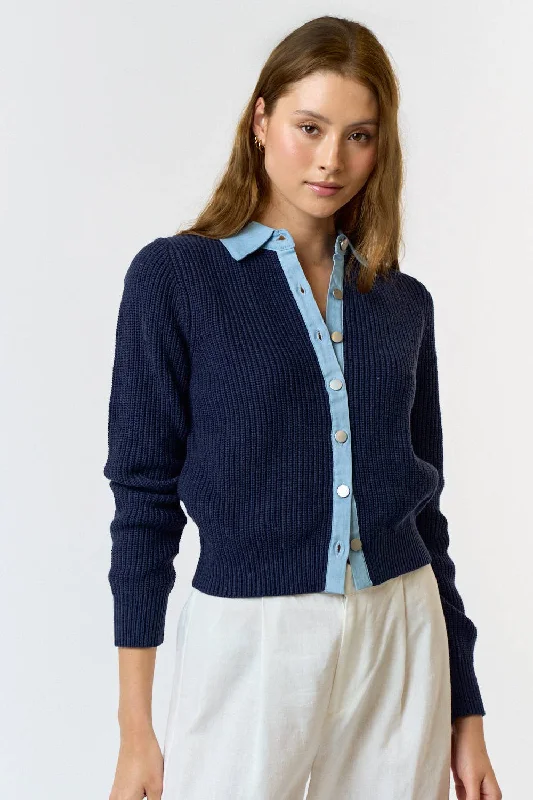 Denim Contrast Navy Sweater Real Fur Shearling Chenille