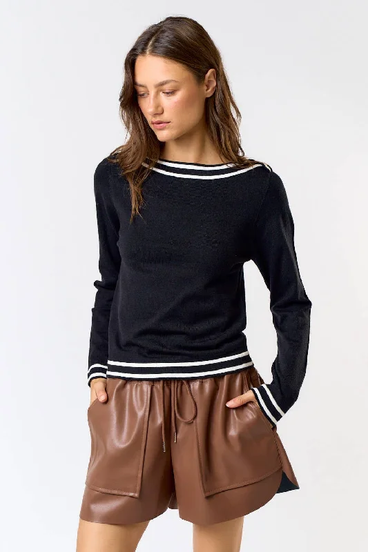 Boat Neck Sweater : Black- Ivory Sequined Glittery Shiny