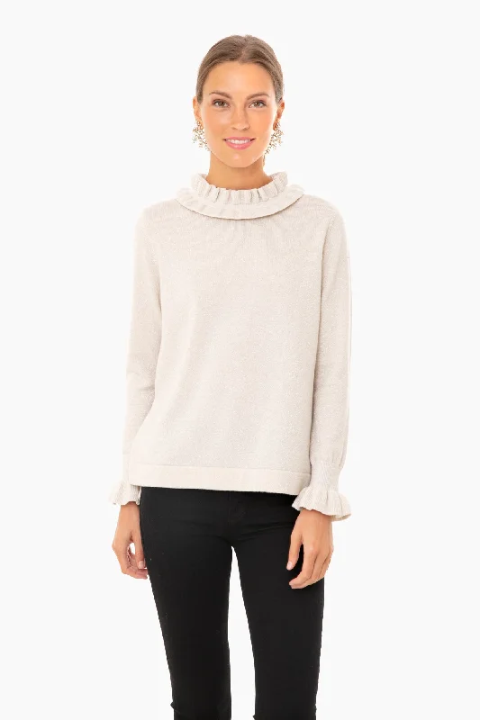 Ivory Shimmer Edie Ruffle Sweater Slim Fit Regular Fit Oversized