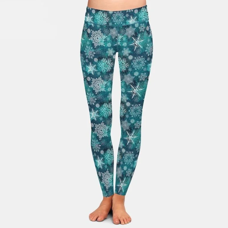 Ladies Beautiful 3D Teal Christmas Snowflakes Printed Leggings Stylish Colorful Activewear Leggings