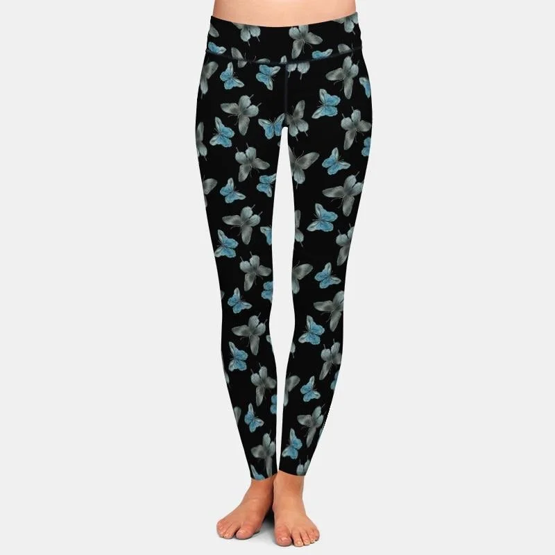 Ladies Black With Gorgeous Blue/Grey 3D Butterfly Printed Leggings Fashionable Leather-Look Leggings